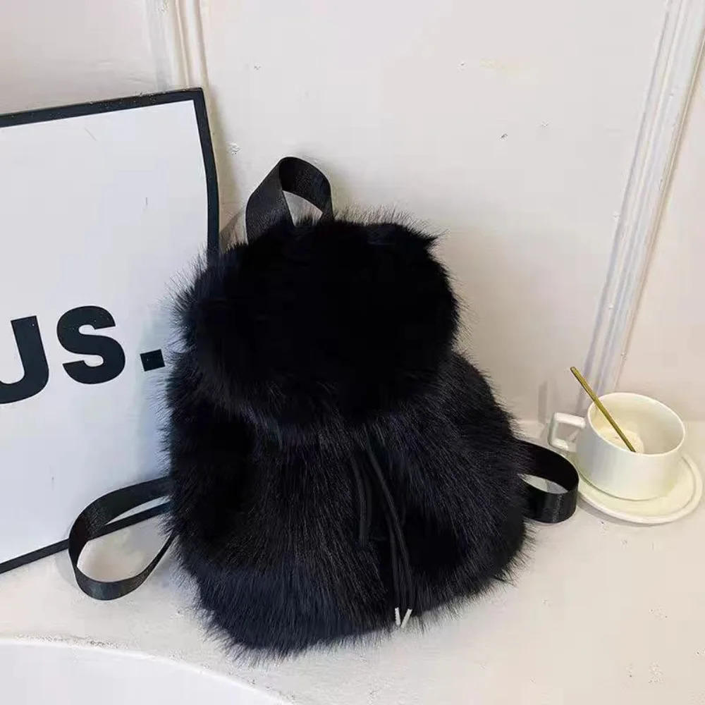 Fashion Solid Color Faux Fur Drawstring Bag Fluffy Knapsack Plush Backpack Large Capacity Soft Flap Bag Women 250527