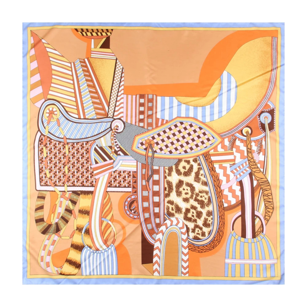 90CM Twill Silk Saddle Chains Print Square Scarf Shawl Women Hijabs Bandana Handmade Curled Foulard Head Scarves 250527