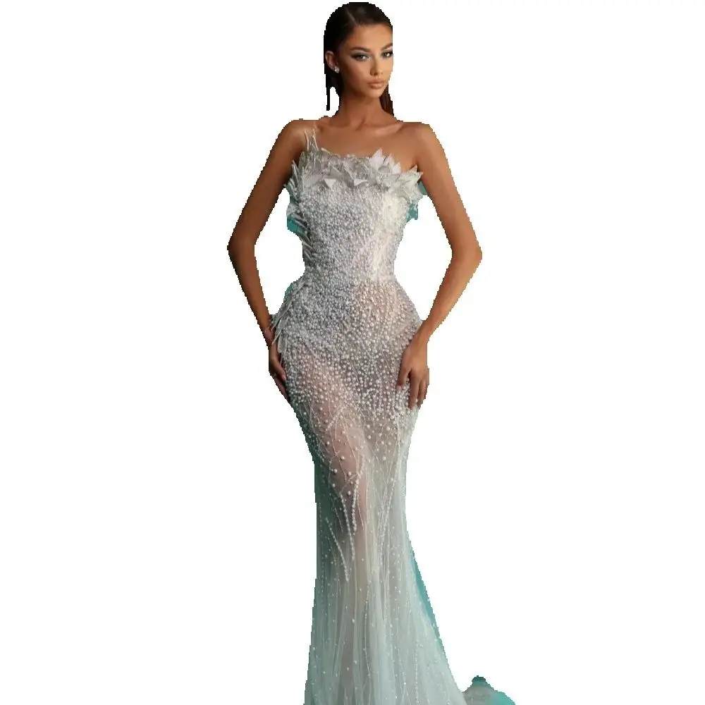 Illusion Sleeveless Wedding Dresses Sexy Pearls Strapless Wedding Dress Floor Length Beaded Customized Bridal Gowns