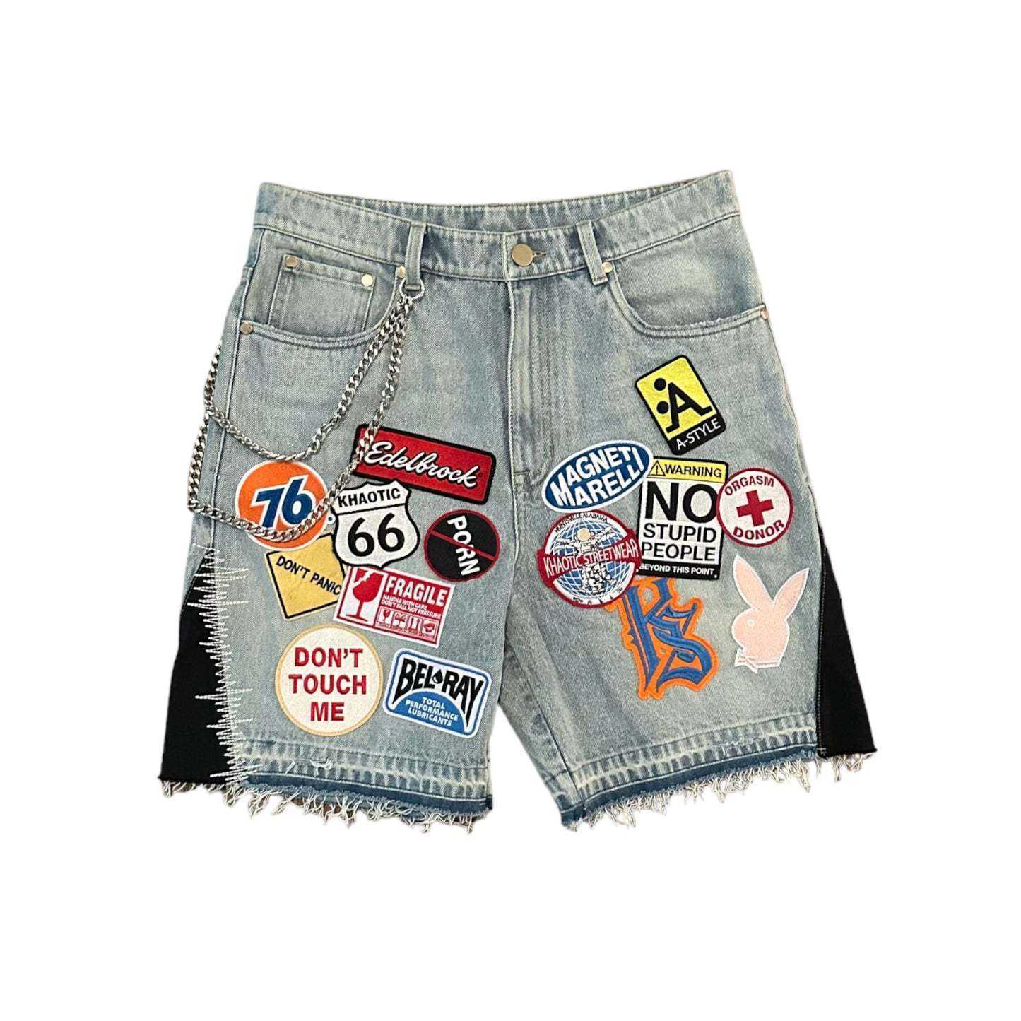 Patchwork Design Shorts Y2K Jeans Men Women Hip Hop Cartoon Graphics Embroidered Retro Blue Denim Fitness Shorts Casual ShortsT250215
