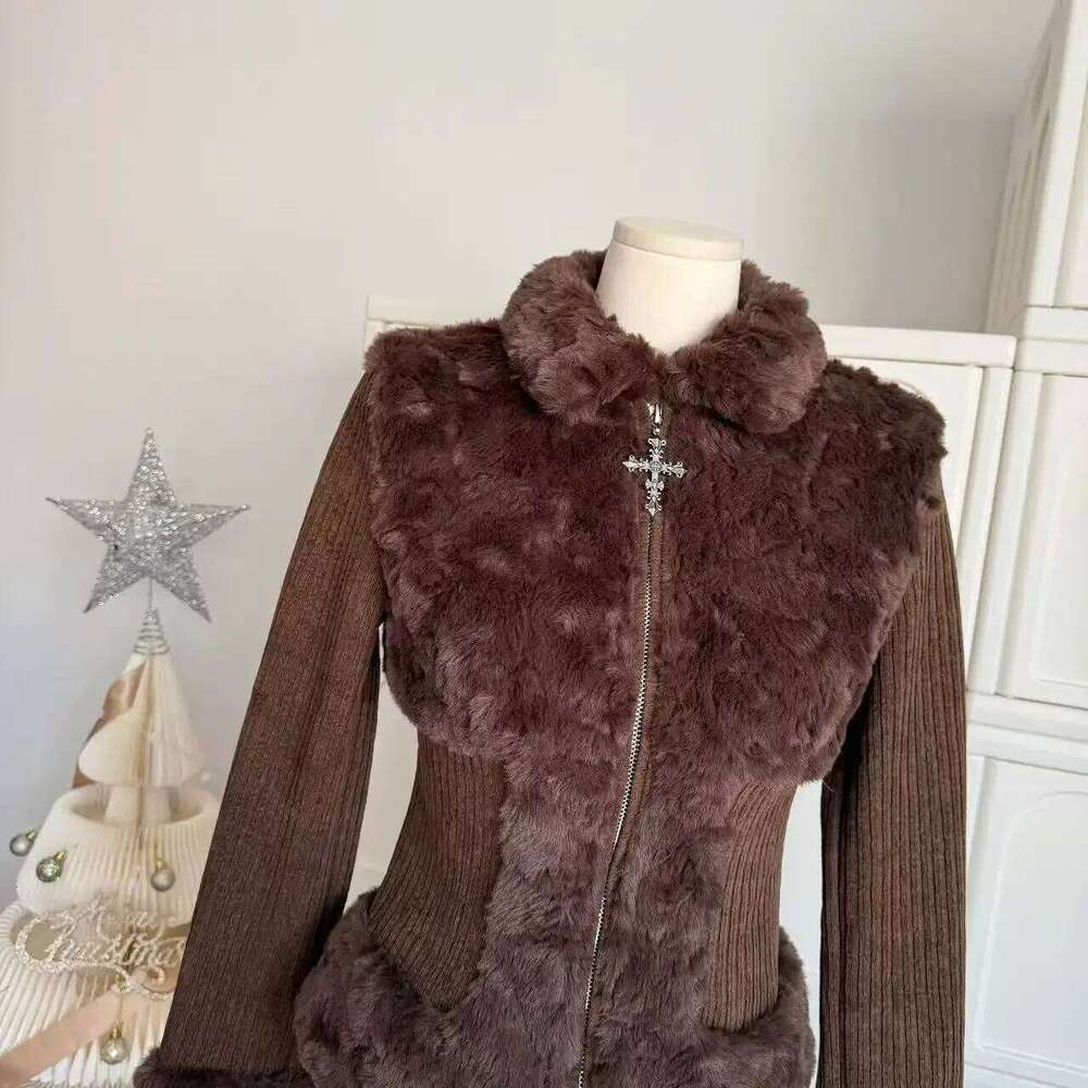 Brown Vintage Lapel Fur Coats Cross Zipper Fluffy Long Sleeve Slim Splicing Jacket for Women Retro Y2k Casual Street Fashion