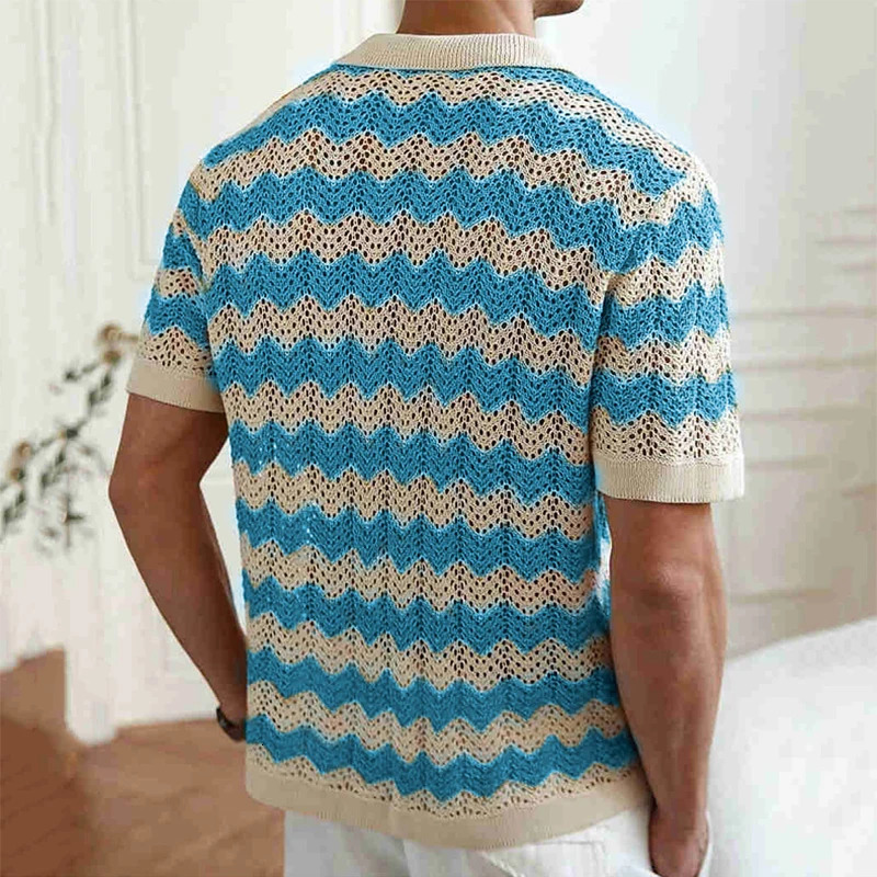 Casual Hollow Out Knitted Shirts Mens Beach Vintage Striped Crochet Knit Cardigans Men Summer Trendy Lapel Button-up Shirt 250526