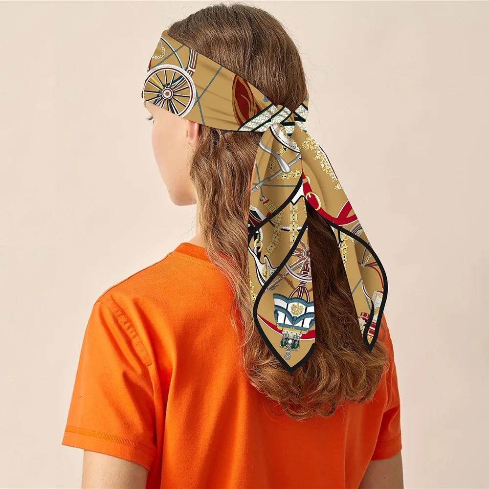 90CM Silk Scarf Women Horse Carriage Print Square Scarves Head Echarpes Silk Foulards Femme Wraps Beach Shawl Bandana Lady Hijab 250527