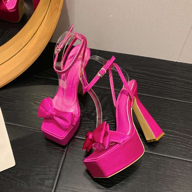 Liyke Runway Style Ultra High Heels Platform Sandals Women 2025 Summer Fashion Satin Bowknot Square Toe Wedding Banquet Shoes