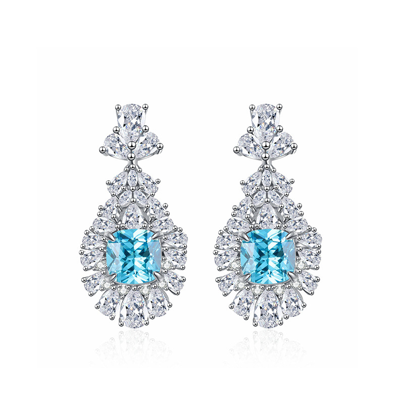 S925 Sterling Silver High-Carbon Diamond Ocean-Blue Square Stone Stud Earrings, Ice Flower Cut Long Drop Earrings, European and American Luxury Women&