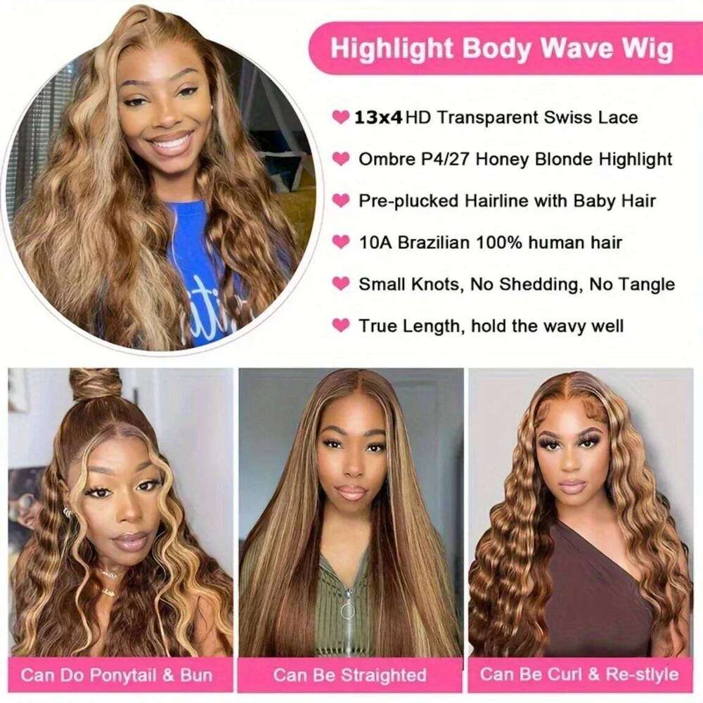 13x4 13x6 Full 200 Density P4/27 Prepluck Colored Body Wave Frontal Wig HD Transparent Lace Human Hair Wigs