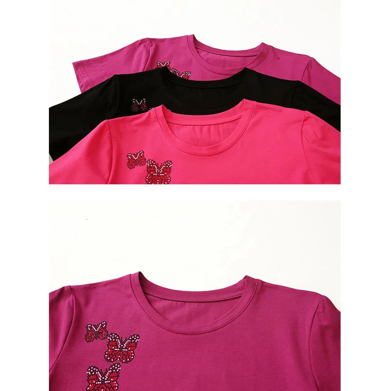 BlackSummerKoreanStyleCottonT-ShirtWomenFashionSexyButterflyShinyDiamondsTopsShort SleeveLooseTees53601 250527