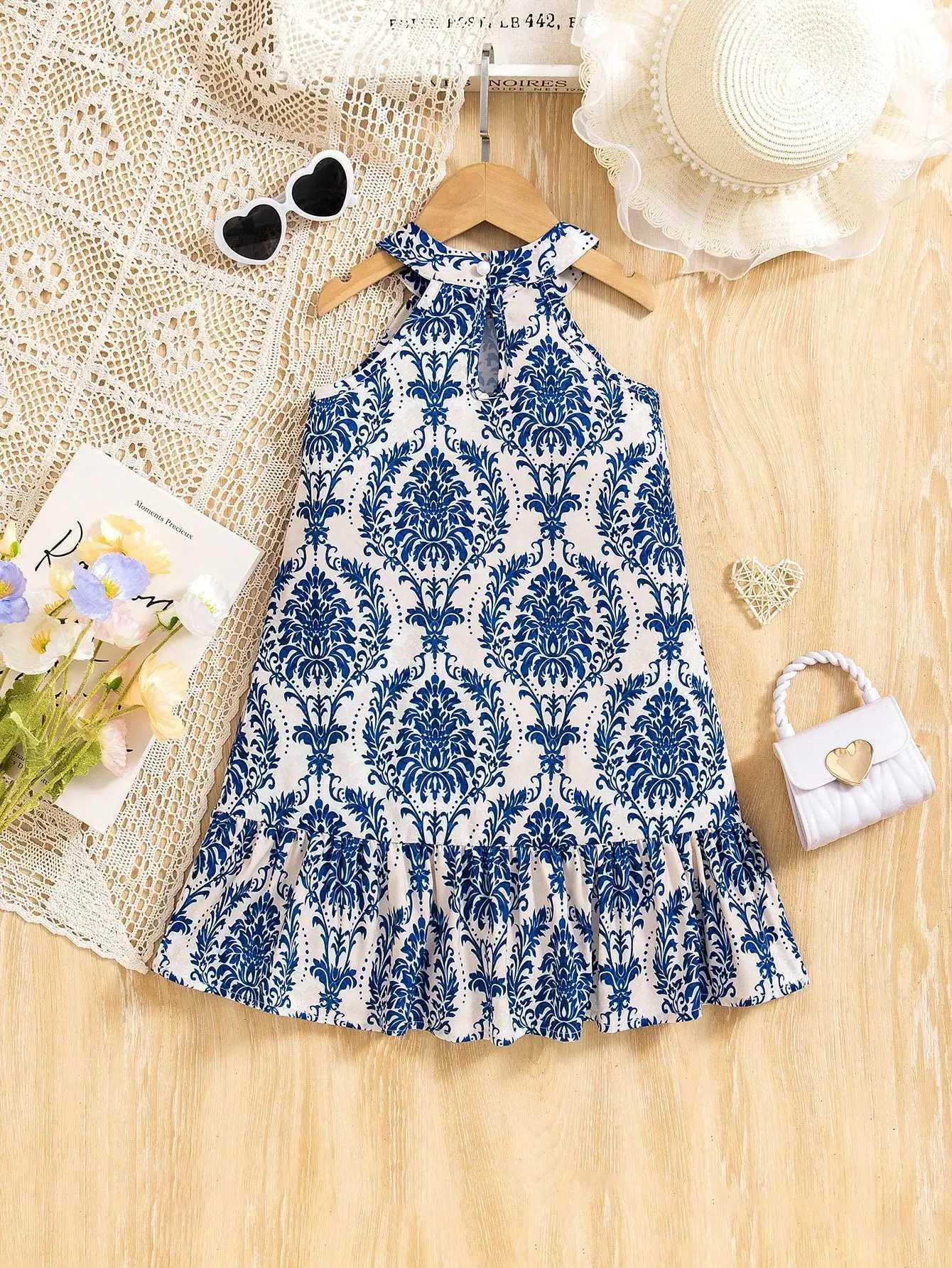 Girls Romantic Halter Neck Floral Ruffle Dress | Sleeveless A-Line Beach Outfit for Ages 4-7 Summer Vacation (S/S) X250528
