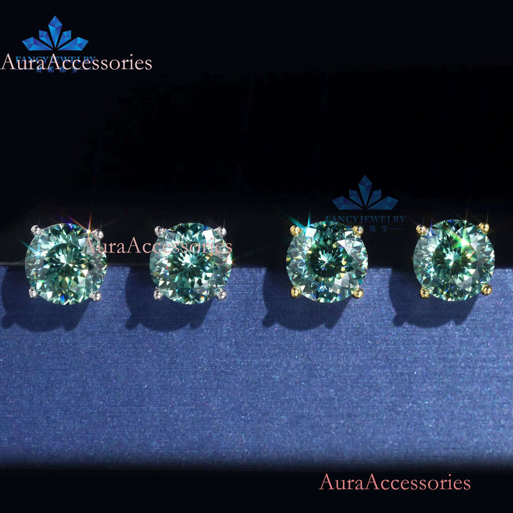 Professional Technology Sterling Sier Stud Earrings 8mm Moissanite with Round Portuguese Cut Blue-Green Fine Jewelry