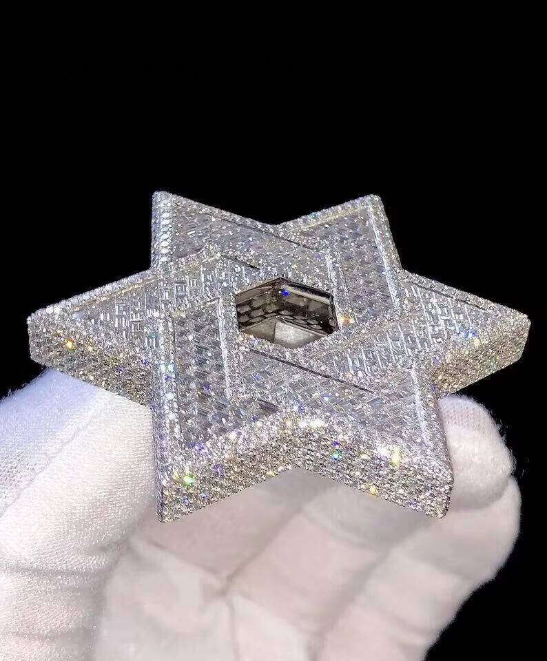 VVS Dia Sier Moissanite Fully Iced Baguette Hip Hop Style Star Shape Pendant with Gift Box