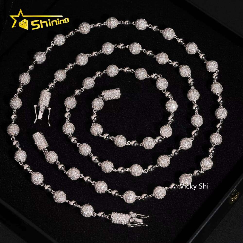 Fine Jewelry Popular 8mm Sterling Sier Moissanite Ball Bead Cuban Necklace Custom Hip Hop Link Chain