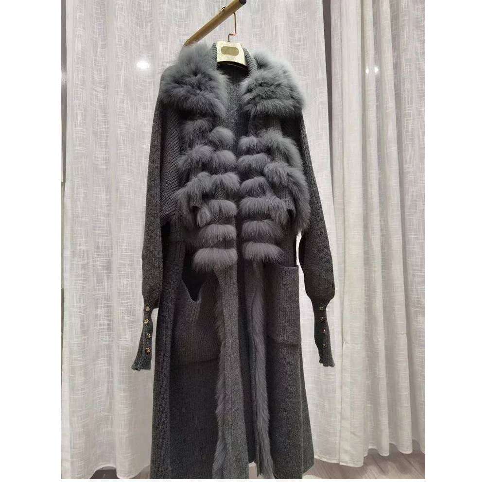 ZDFURS*2022 New Women Special Autumn Real Knitting OverSize Coat Fox Fur Collar Lady's Fashion Long Sweater Length 110cm