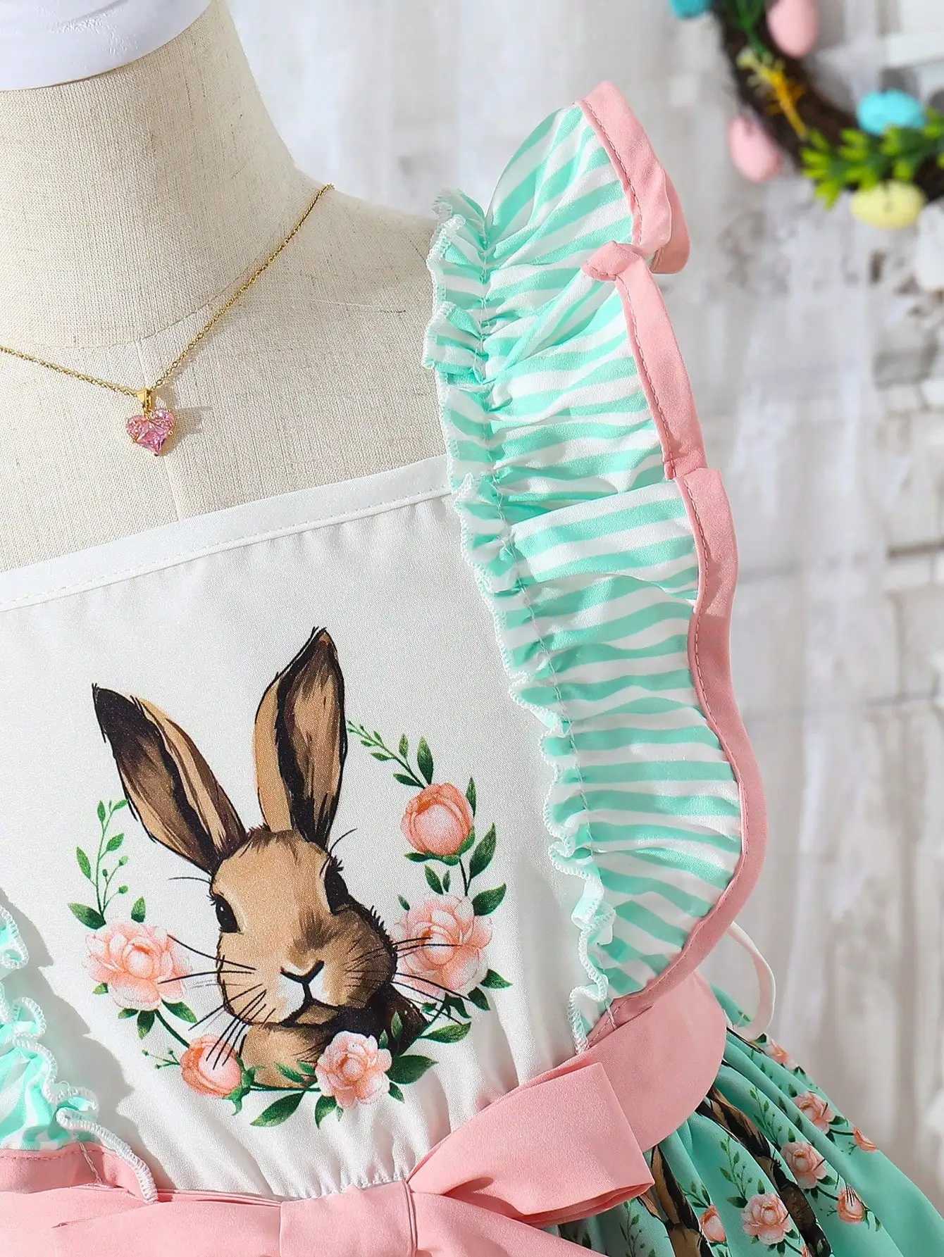 Girls Vintage Lolita Easter Dress - Bunny Print Ruffles Bow Pastel Green Comfy Party Dress for Celebrations X250528