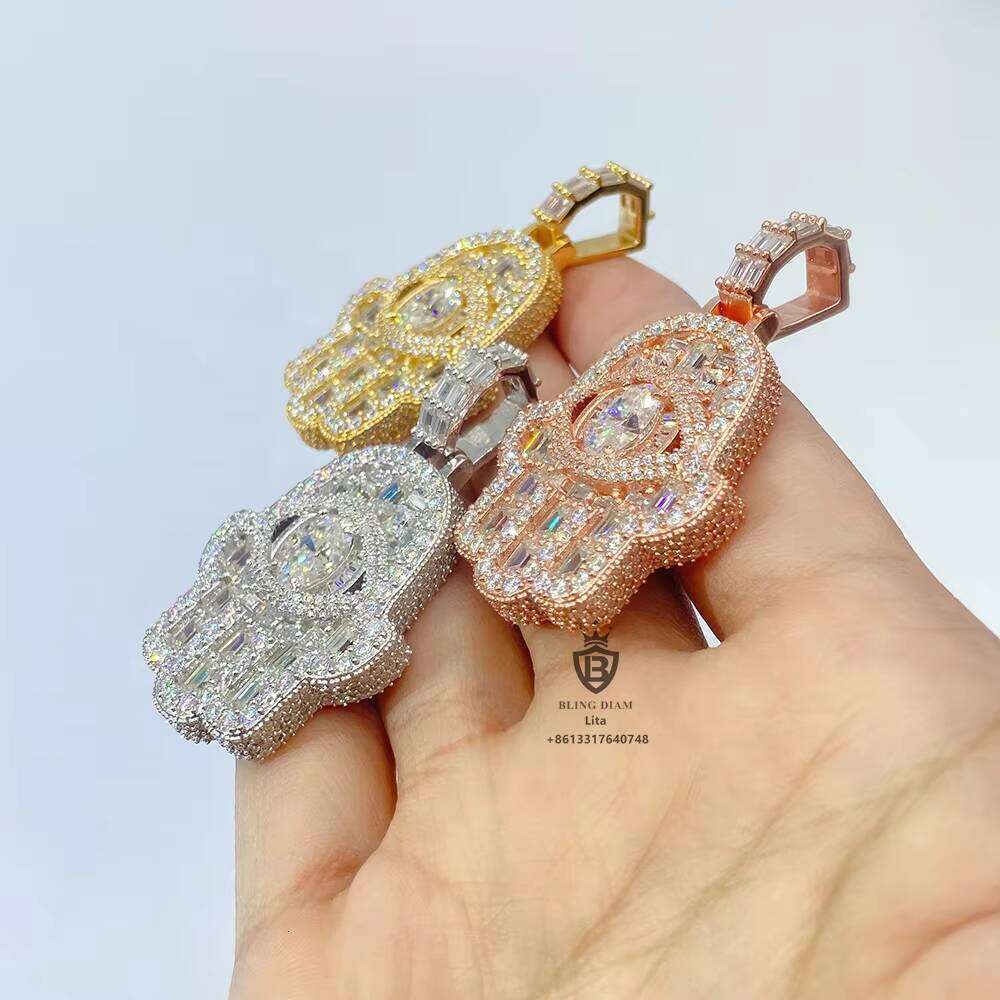 Fashion New Design Oval Eye Hamsa Hand Necklace Wholesale Custom Fancy Shape Vvs Moissanite Pendant