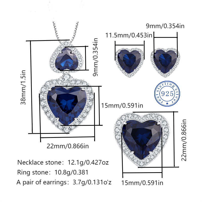 15*15 Love heart Jewelry Set S925 sterling Silver Royal Blue High Carbon Diamond Ring, Pendant Necklace, Earrings ,Antique Classic Elegant Precious Je