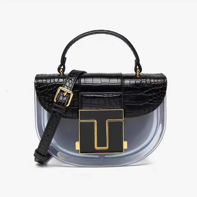 Top Brand High Quality New 2025 New Crocodile Pattern Women's Bag Patchwork Transparent Shoulder Handbag Crossbody Saddle Bag New Free Delivery D
