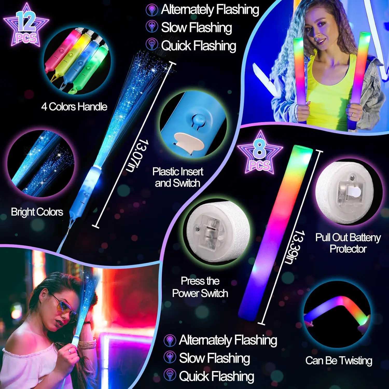 298-Pack LED Party Supplies 12 Fiber Wands 20 LED Glasses 8 Foam Sticks 200 Glow Bracelets for Wedding Birthday W250528