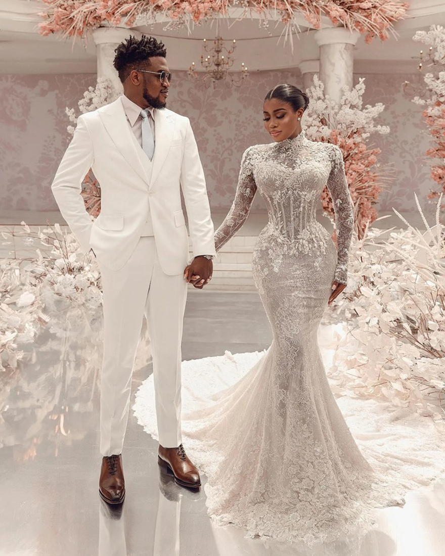 Vintage Mermaid Chart Wedding Dress high neck fulllace long sleeves plus size wedding dresses Bridal Gowns button back sweep train lacefull robe de ma