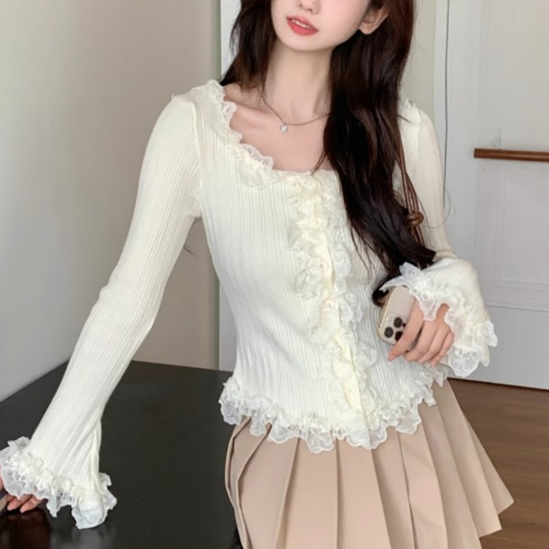 XR181 Gentle Style Pure Desire Knitted Small Cardigan Women's Spring and Autumn Lace Sweater Tea Break French Style