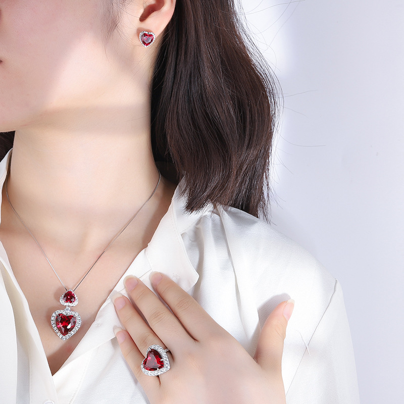 15*15 Love Jewelry Set S925 sterling Silver rose Red High Carbon Diamond Ring, Pendant Necklace, Earrings ,Antique Classic Elegant Precious Jewelry Se