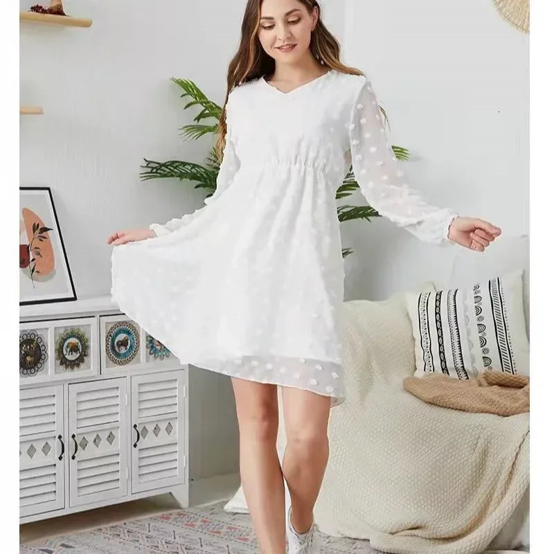 Mother and Daughter Dress Spring Summer Simple Casual Solid Long Sleeve Polka Dot Printing Mom Matching Clothes 250528