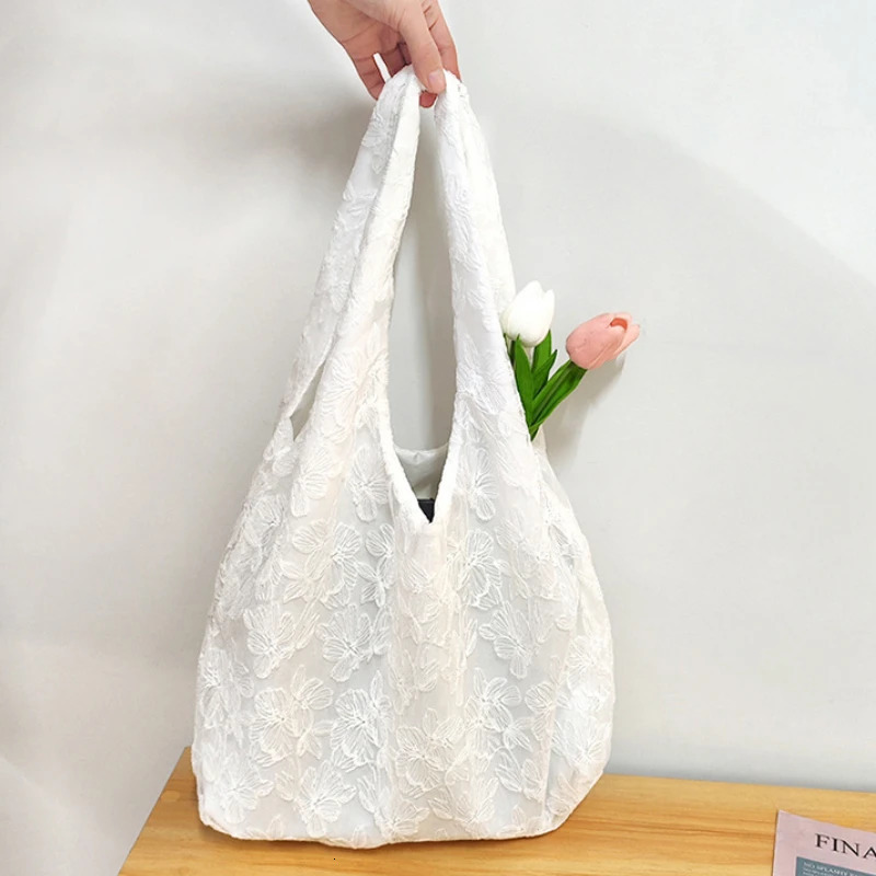Lace Flowers Women Shoulder Bag Thin Polyester Ladies Shopping Handbags Solid Color Girs Book Bags Casual Female Travel Tote 250527