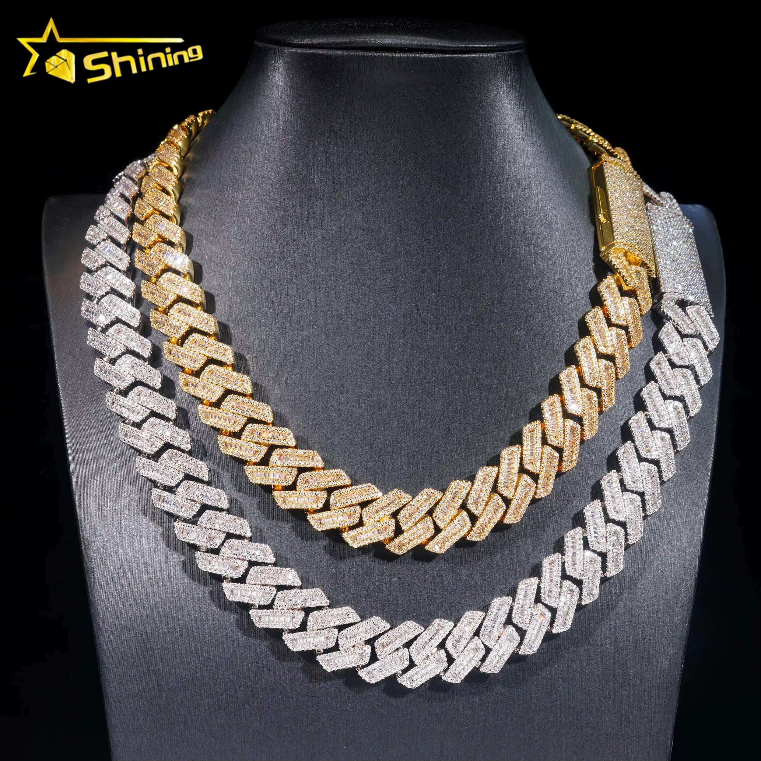 Wholesale Jewelry Price Fashion Men Necklace Brass Gold Plated Cz Diamond 17mm Hip Hop Iced Out baguette Cuban Link Chain