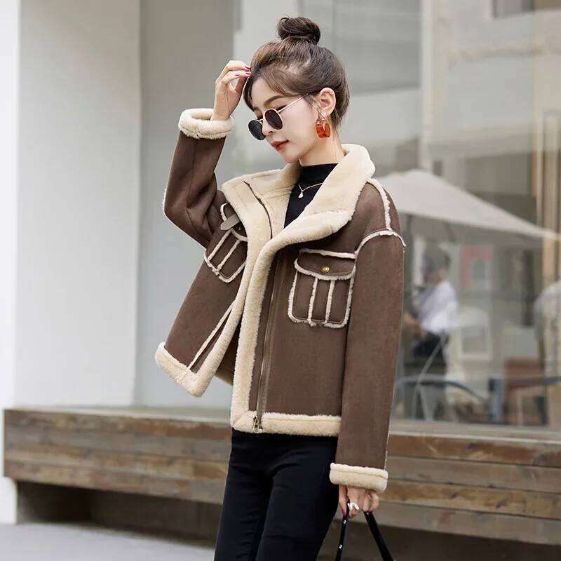 Women's Winter Thickened Lamb Jacket Deer Skin Veet Biker Style Coat Integrated Leather And Fur Short Outerwear
