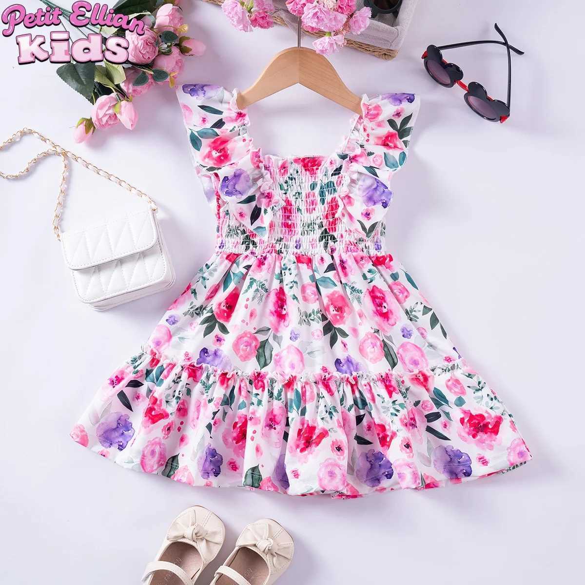 1 - 7 Y Baby Girls Sweet Floral Dress with Ruffled Sleeves Smocked Waist - Perfect for Party Summer Wear for Kids Girl Dress X250528