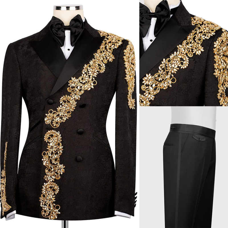 Gold Beads Men Suits Customized 2 Pieces Groom Wedding Party Tuxedos Slim Fit Male Blazer Costumes Homme