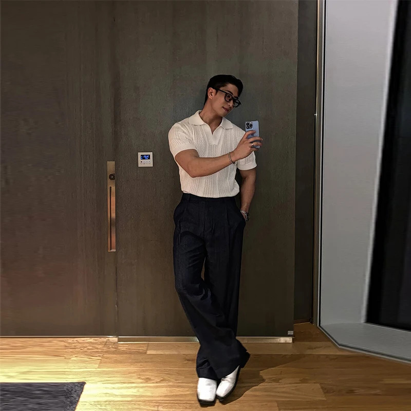 Mens Clothing Korean Hollow Out Polo Shirt Leisure V Neck Short Sleeve Solid Color Retro Streetwear Knitwear 250527