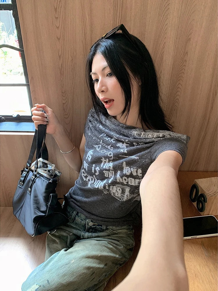 Letter Printing Oblique Shoulder Short Sleeve Tshirt Women Summer American Style Versatile Tops Lady Simple Slim Thin 250517