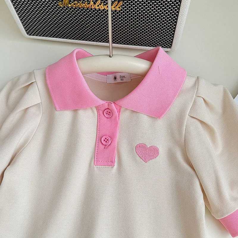 Casual Polo Dress for Kids Girl Summer Sweet Puff Sleeve A-line Fashion Embroidery Heart Pink White Fashion Outfits Girl Clothes X250528