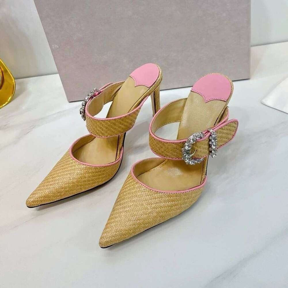 Top Version 2025 New Dia Buckle Rafi Grass Braided Pointed-Toe Slim High Heel Half Slippers Mules Shoes Bota Feminina