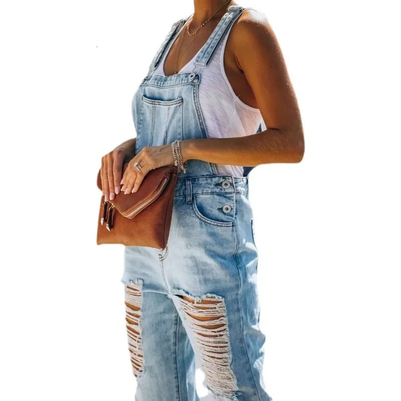 Women Jeans Long Pant Denim Pants One Piece Suspenders Straight Trousers Splice Hole High Waist Casual Overalls Autumn 250523