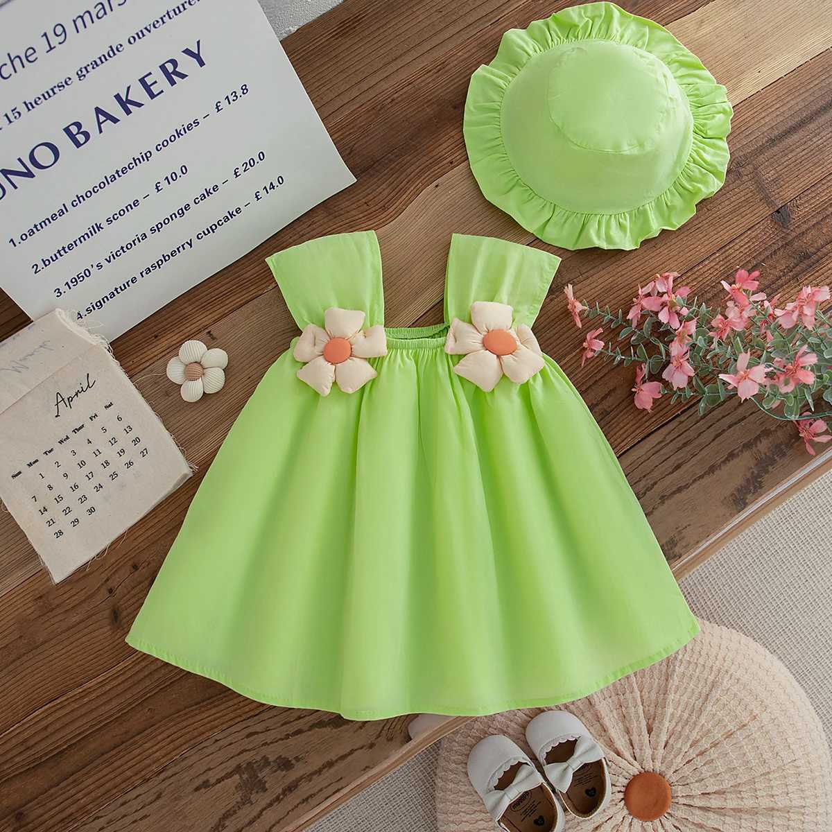 Baby Girl Dress Summer Floral Pattern Solid Color Sling Beach Simple Baby Dresses Cute Casual Baby Girl Dress With Hat X250528