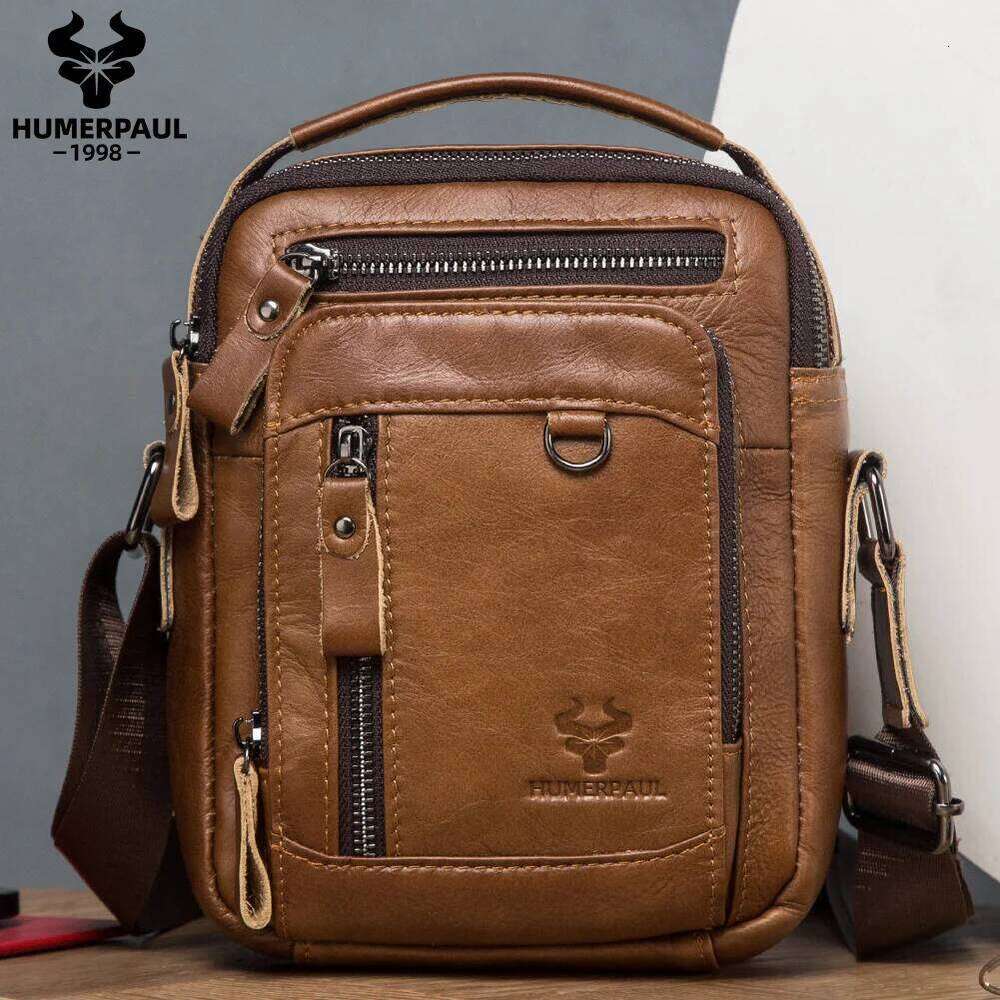 HUMERPAUL 100% Genuine Leather Men's Shoulder Messenger Bag Small Business Crossbody Handbag For Work Male Travel Sling Bolso