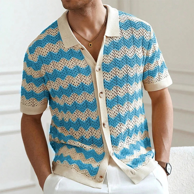 Casual Hollow Out Knitted Shirts Mens Beach Vintage Striped Crochet Knit Cardigans Men Summer Trendy Lapel Button-up Shirt 250526