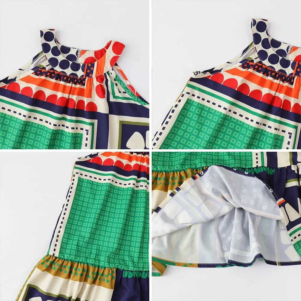 Summer Girls Clothing Geometric Pattern Hanging Neck Dress Sleeveless Strap Spliced Dress Kids Dresses for Girls X250528