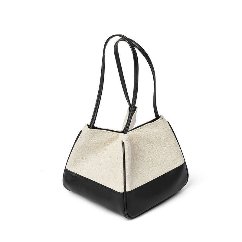 Women's 2024 New Korean Internet Celebrity Color-Block Canvas Tote Basket Handbag Shoulder Crossbody Bag