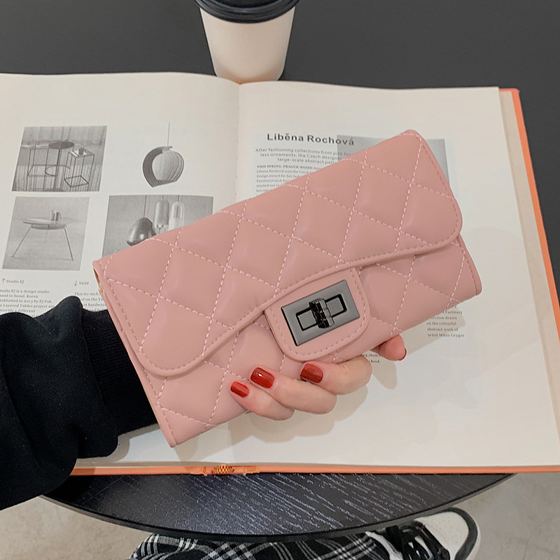 Free Shipping New Designer Women's Wallet Small Fragrance Style Fashionable Diamond Grid Soft Leather Long Handbag Zero Wallet Card Bag Mobile Ph