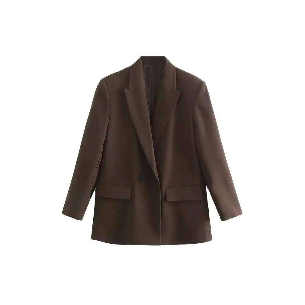 TRZA Women Fashion Double Breasted Loose Fitting Blazer Coat Vintage Long Sleeve Pockets Female Outerwear Chic Veste Femme