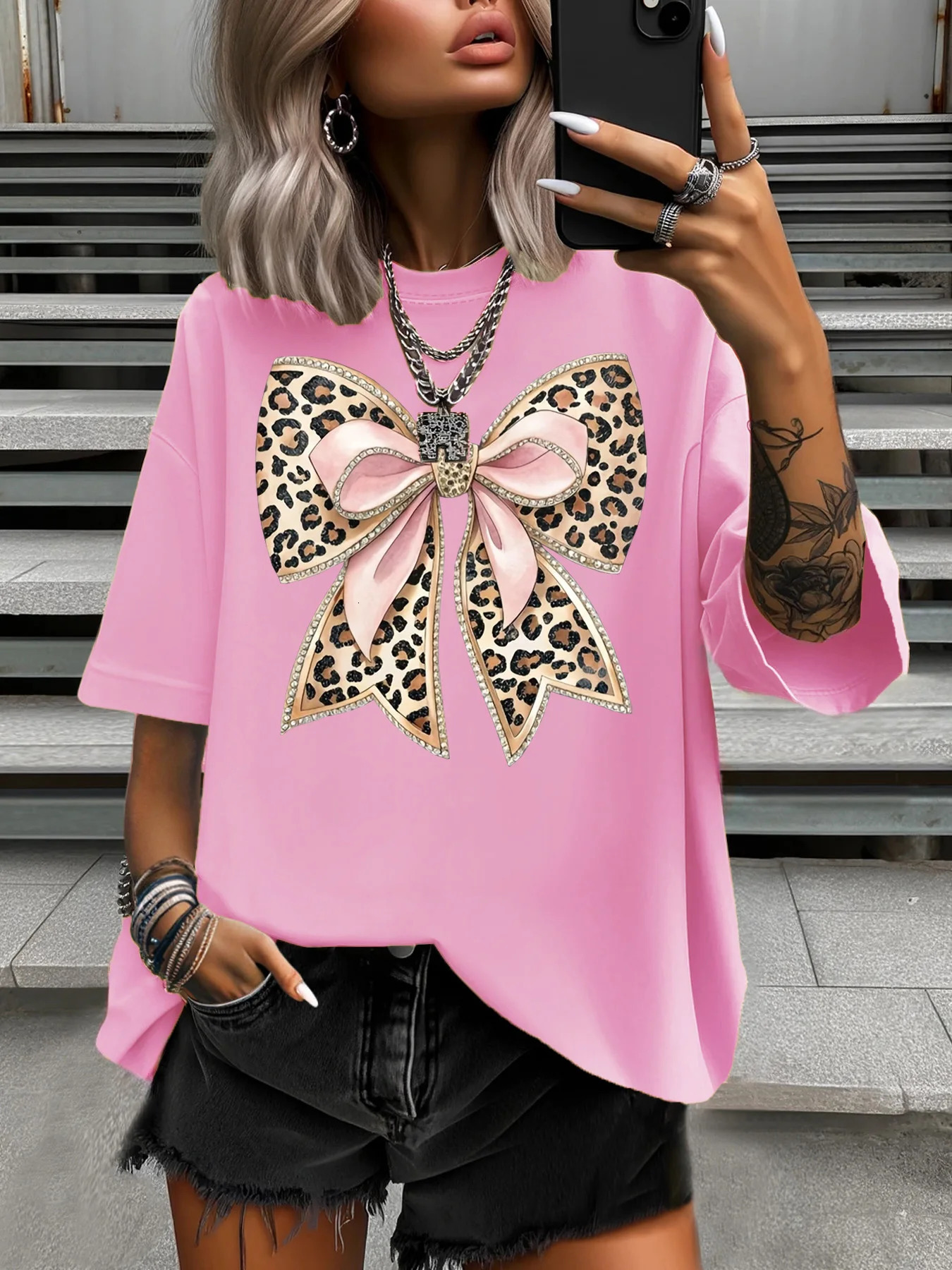 Womens Plus Size TShirt Original n Fashion Pink Bowknot Pattern Printed Casual Soft Round Neck Short Sleeved Tops 250519