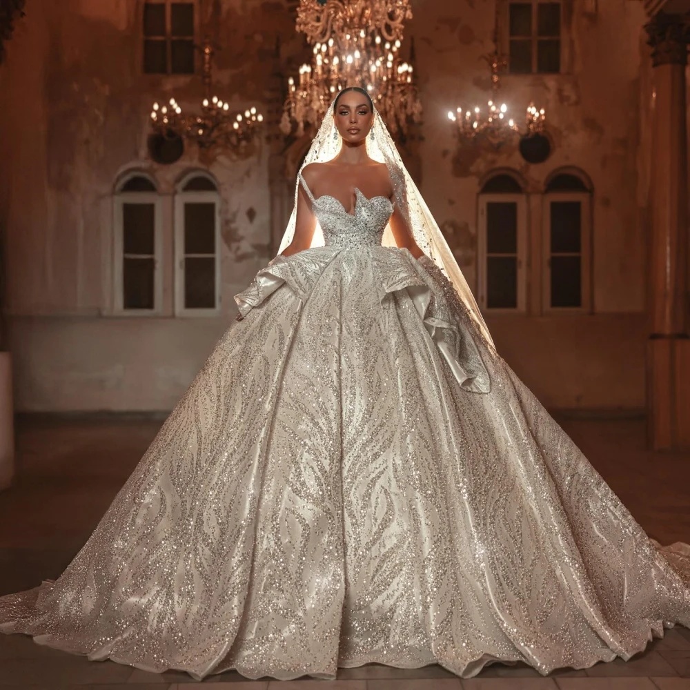 Gorgeous Perlas Wedding Dress Sequins Strapless Bridal Ball Gown Sleeveless With Veil Princess Sweep Train Customized Vestido De Novia Plus Size
