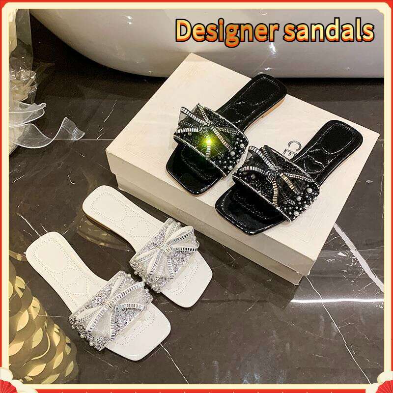 Large Diamond Flat Slippers For Female Designers Summer 2025 New Full Diamond Bow Sandals Light Luxury Pearl Lace Slippers