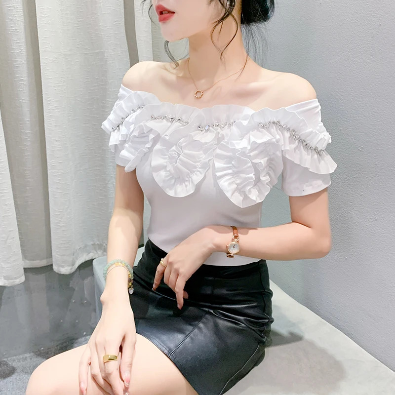 2024 Summer European Clothes TShirt Chic Sexy Off Shoulder Patchwork Ruffles Diamonds Tops Short Sleeve Tees 078 250519