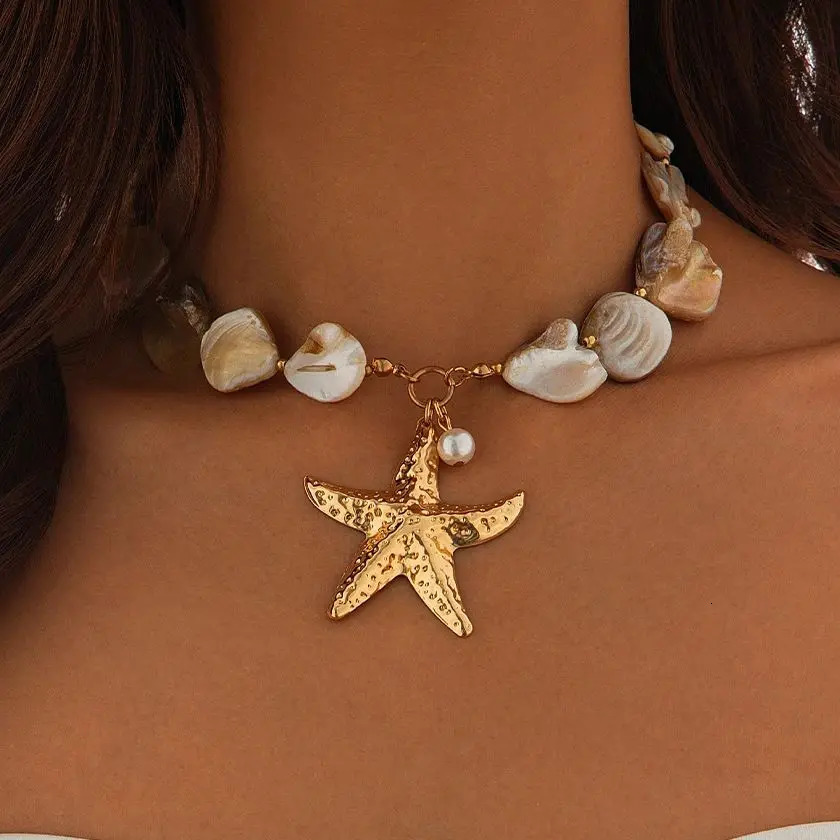KunJoe Beach Large Gold Color Starfish Pendant Necklace for Women Vintage Short Choker Collar Chain Jewelry on the Neck 250519