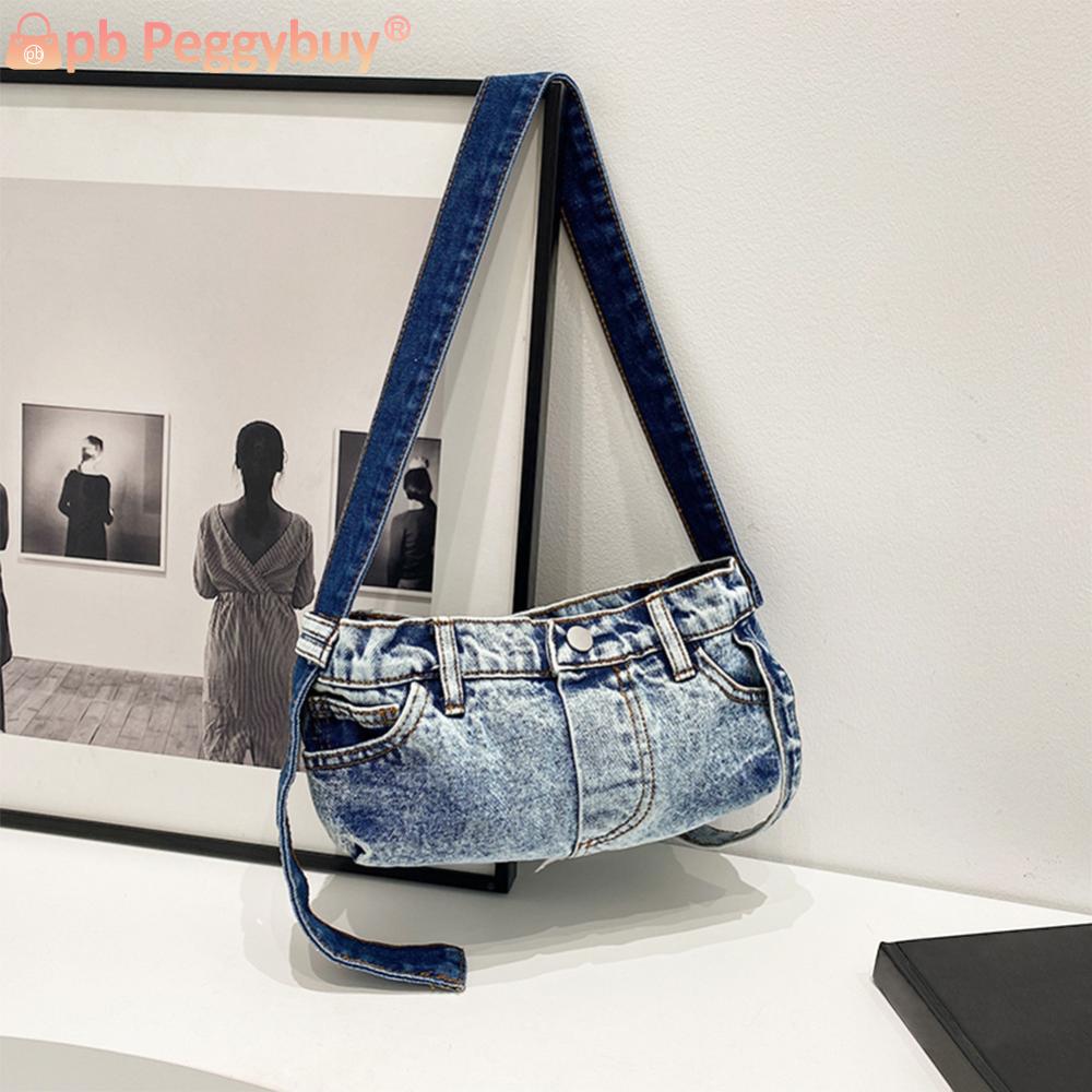 Denim Shoulder Bag with Zipper Women Handbag Vintage Clutch Purse Hobo Bag for Work Travel