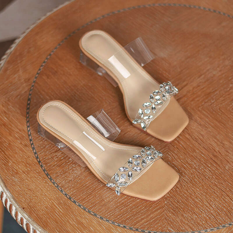Women's Sandals 2025 Summer New Trendy Outdoor Transparent Rhinestone Elegant Fairy One-Strap High Chunky Heels