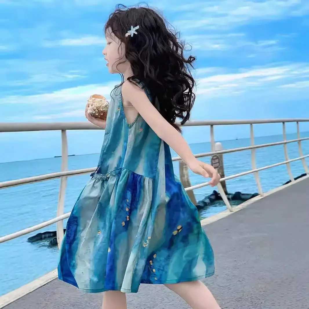 Girls Casual Dresses Blue Tie Dye Print Sleeveless Dress Party Dress for Kids Girl Princess Dress Girls Clothes X250528